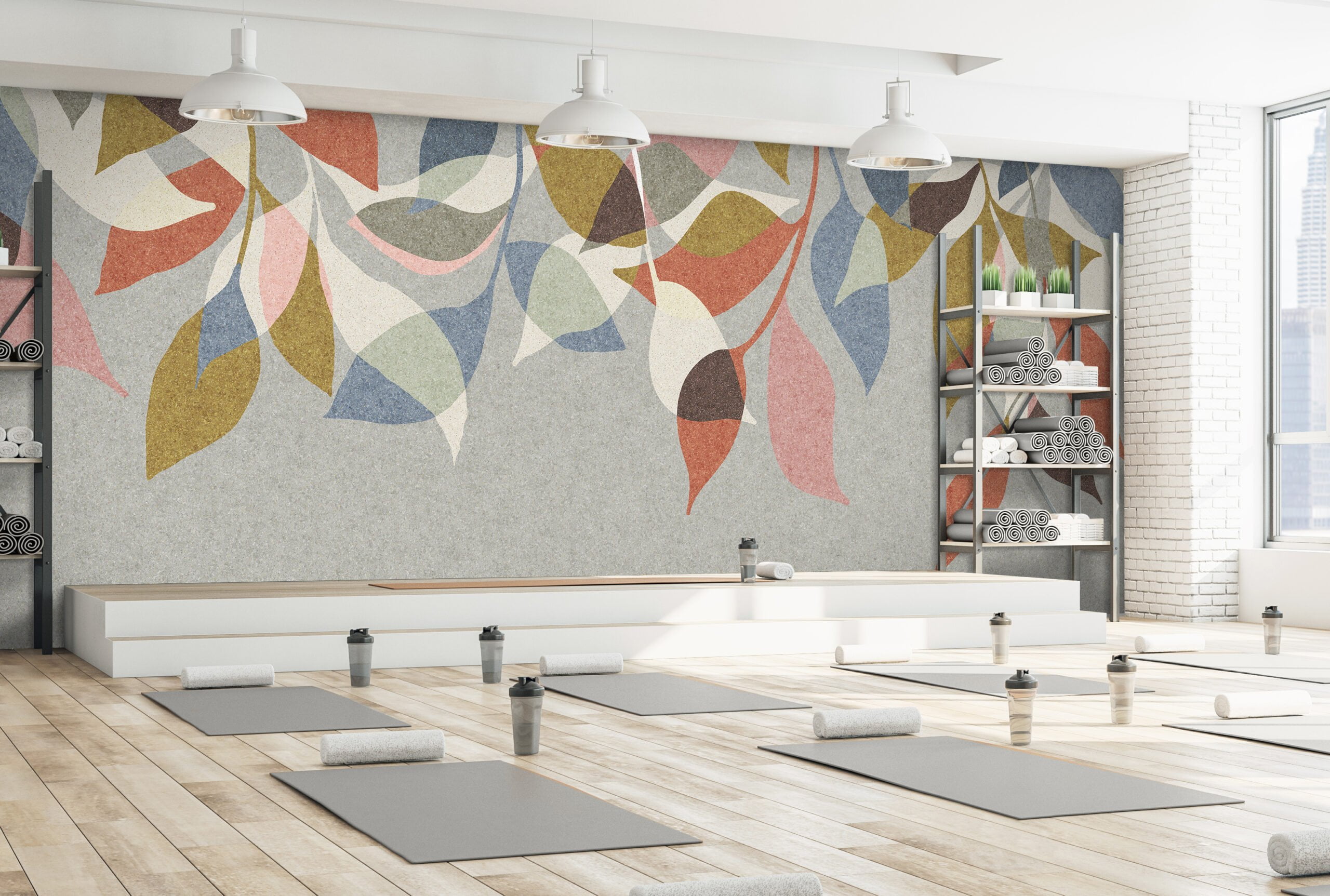 Concrete Yoga Gym Interior Equipment Daylight Wooden Flooring